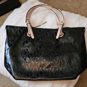 Michael Kors Black Monogram Tote with Light Pink Handles